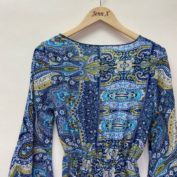 AELSON Blue Tie Front Boho Romper Size S Cut Out Flare Sleeves Paisley - Picture 2 of 8